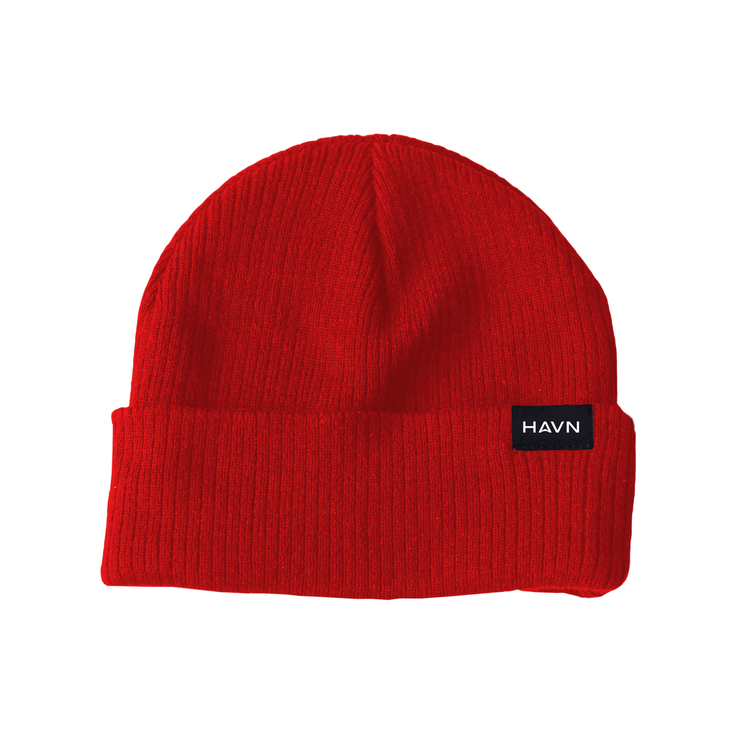 Red ribbed HAVN WaveStopper™ Beanie with black logo label on front, displayed on white background.