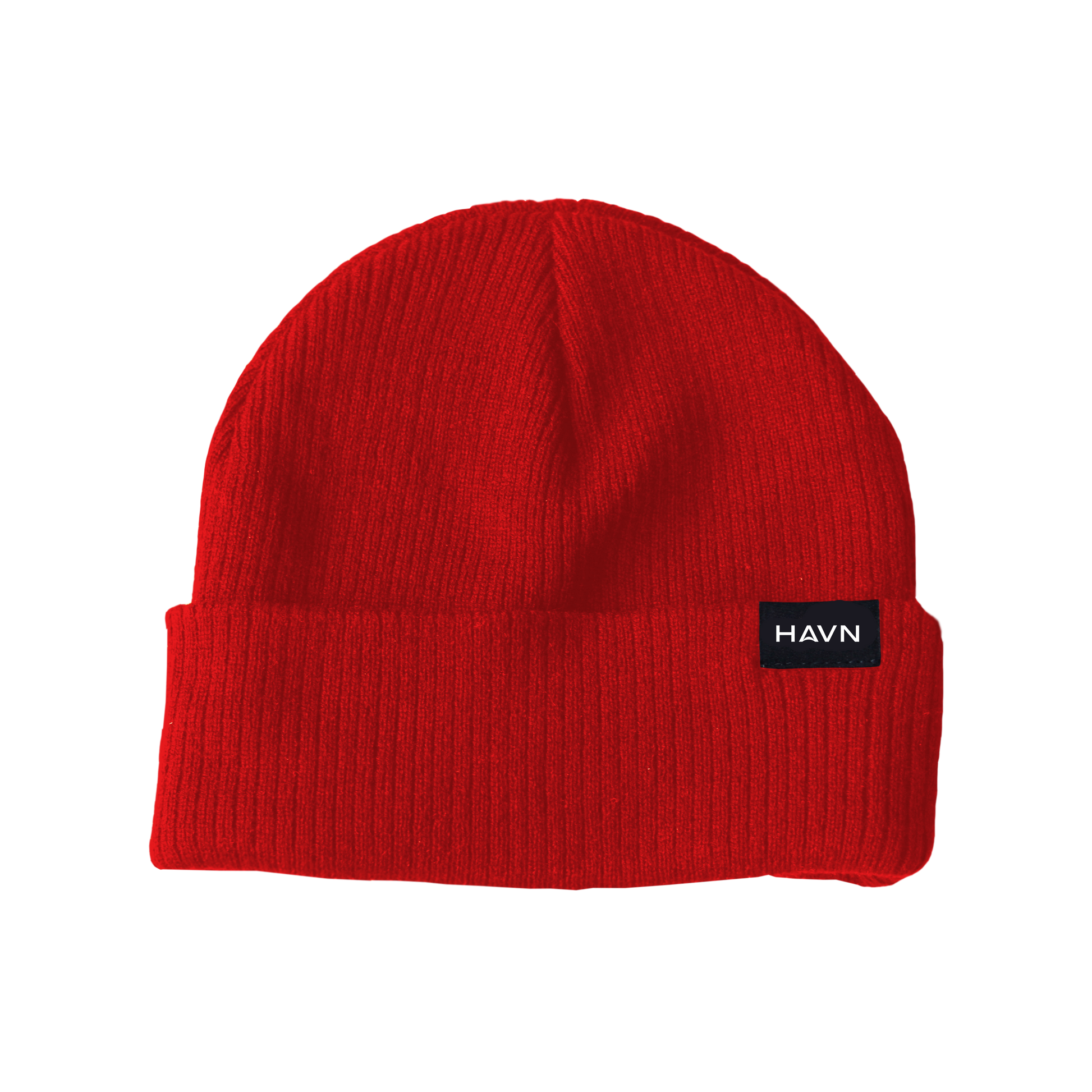 Red ribbed HAVN WaveStopper™ Beanie with black logo label on front, displayed on white background.