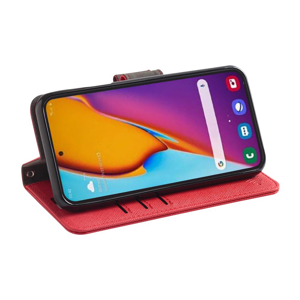 SafeSleeve Case for Samsung Galaxy in red displayed in stand mode, showing colorful gradient wallpaper on screen.