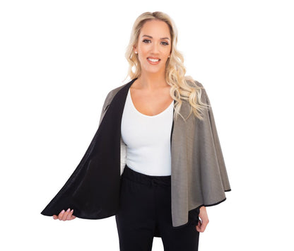 Woman wearing TRU47 Black Silver Cotton Double Knit Cape over white top and black pants, front view showing drape and styling.