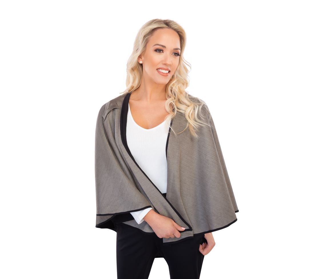 Woman wearing TRU47 Black Silver Cotton Double Knit Cape over white top and black pants, front view.