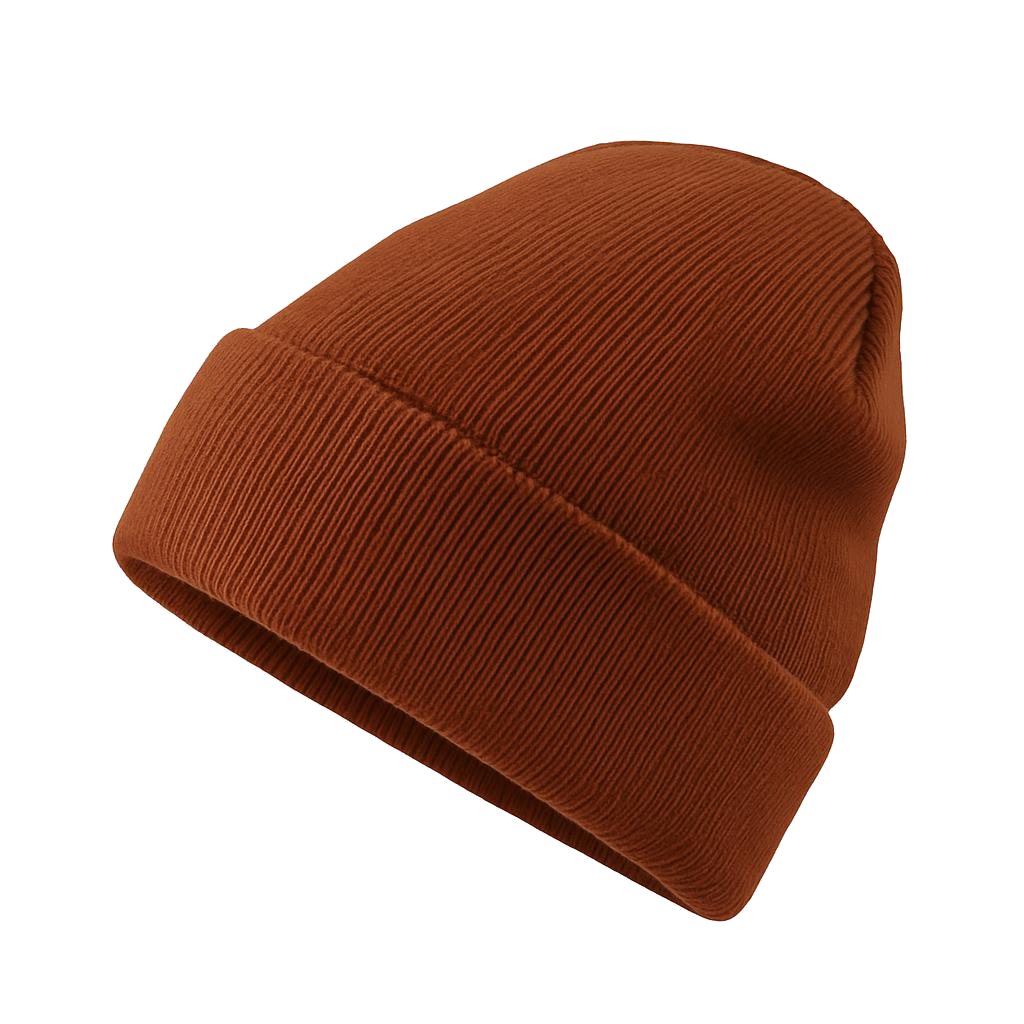 Rust-colored HAVN WaveStopper™ Beanie displayed at an angled side view, showcasing its ribbed knit texture and folded cuff design against a white background.