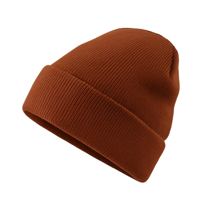 Rust-colored HAVN WaveStopper™ Beanie displayed at an angled side view, showcasing its ribbed knit texture and folded cuff design against a white background.