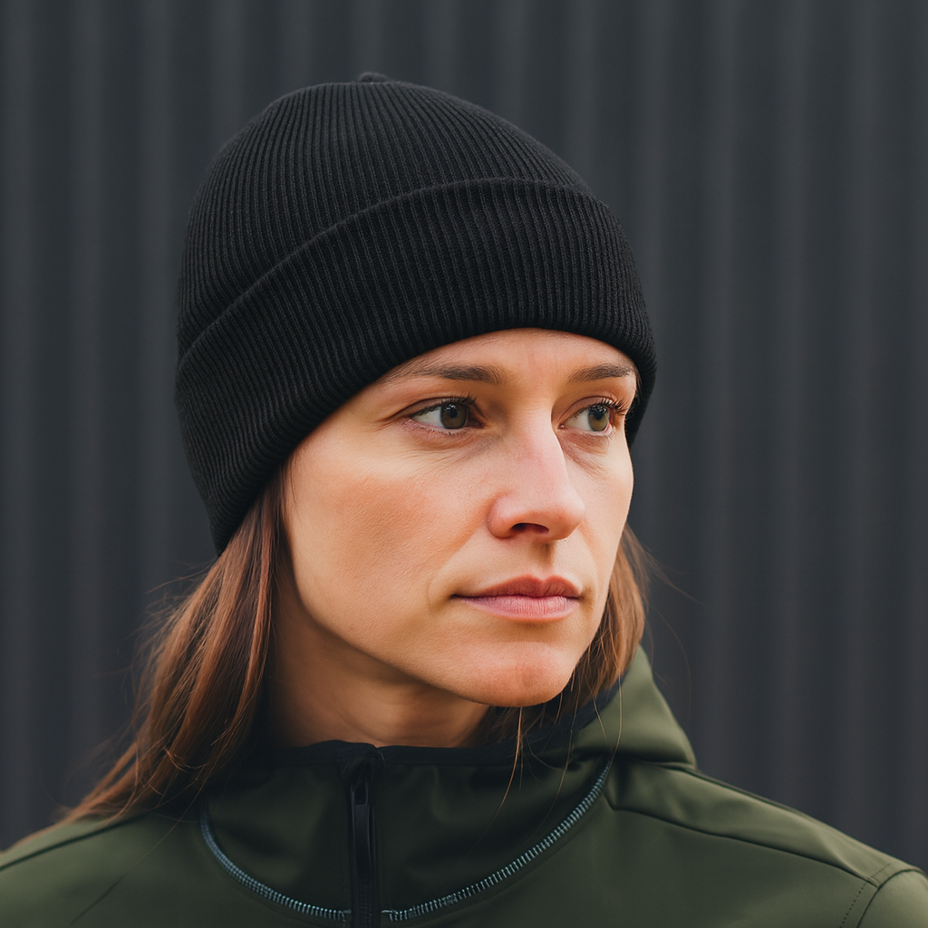 Woman wearing black HAVN WaveStopper™ Beanie and olive green jacket, side profile view against dark striped background.