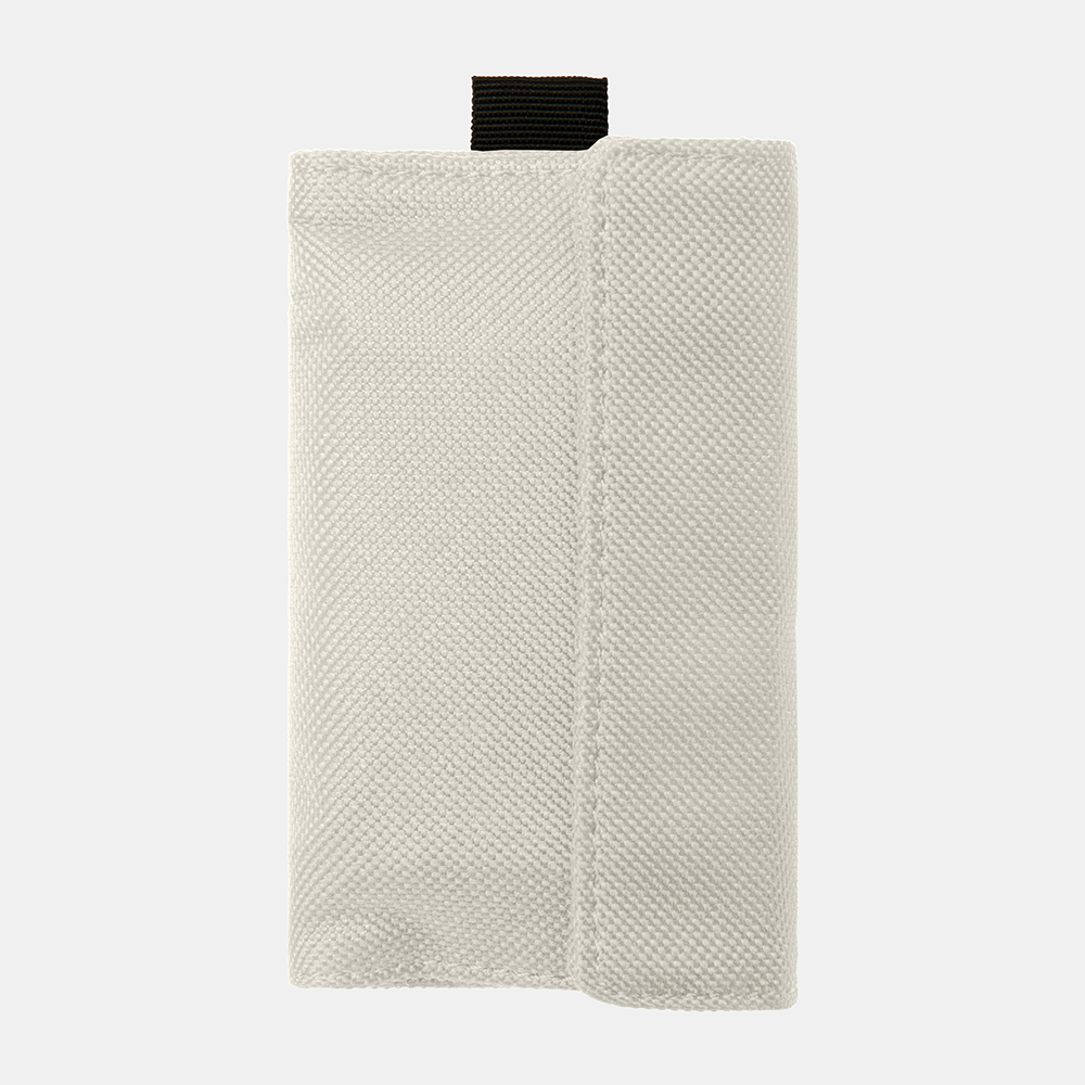 Faraday Key Fob Bag in cream with black pull tab, shown closed from front view displaying woven textile texture.