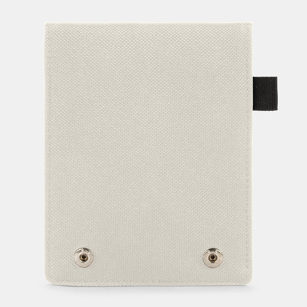 Faraday Key Fob Bag in cream with black fabric tab and two metal snap closures on front, shown closed from front view.