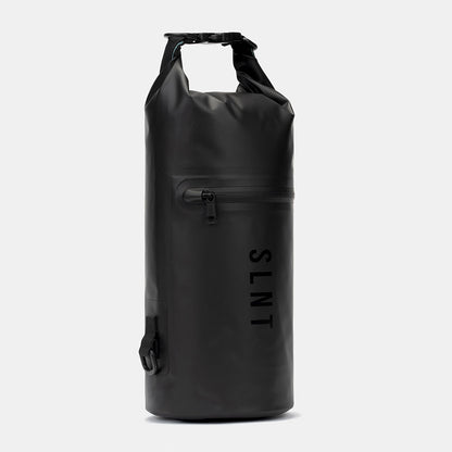 Black SLNT Faraday Dry Bag with roll-top closure, front zipper pocket, and shoulder carabiners against white background.