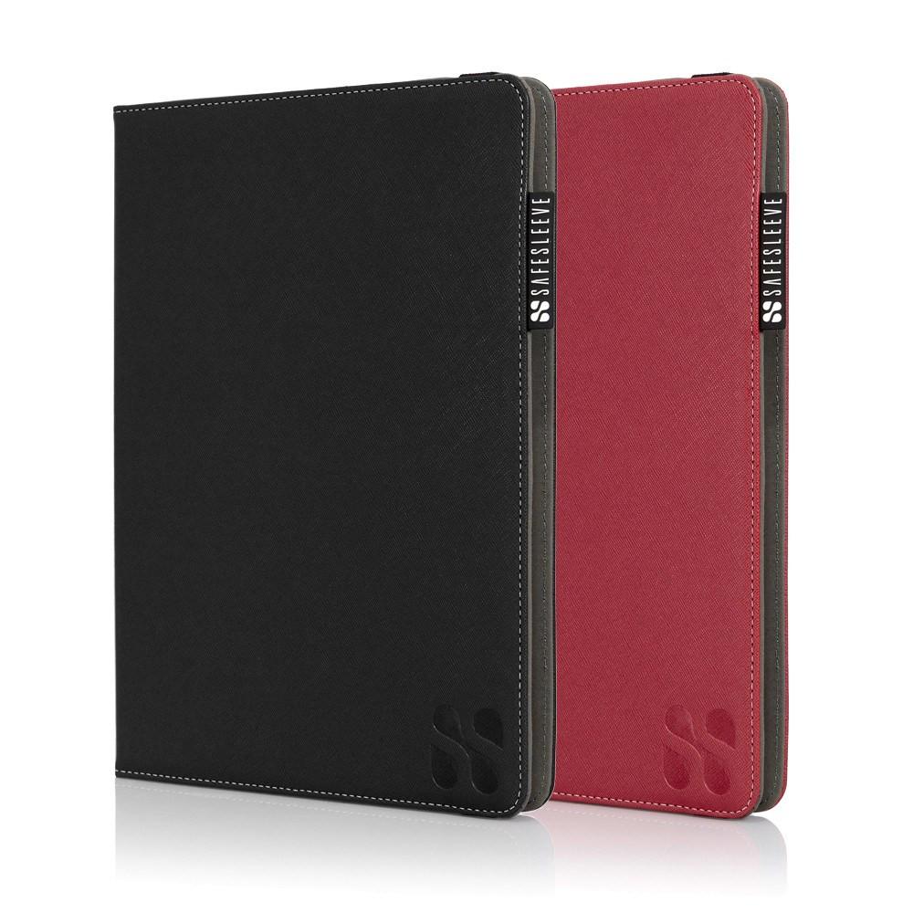 SafeSleeve Universal Tablet Case in black and red, displayed side by side showing both color options with contrasting stitching and branding.