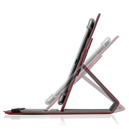 SafeSleeve Universal Tablet Case displayed at an angle, showing burgundy and gray fabric exterior with integrated stylus holders and kickstand functionality.