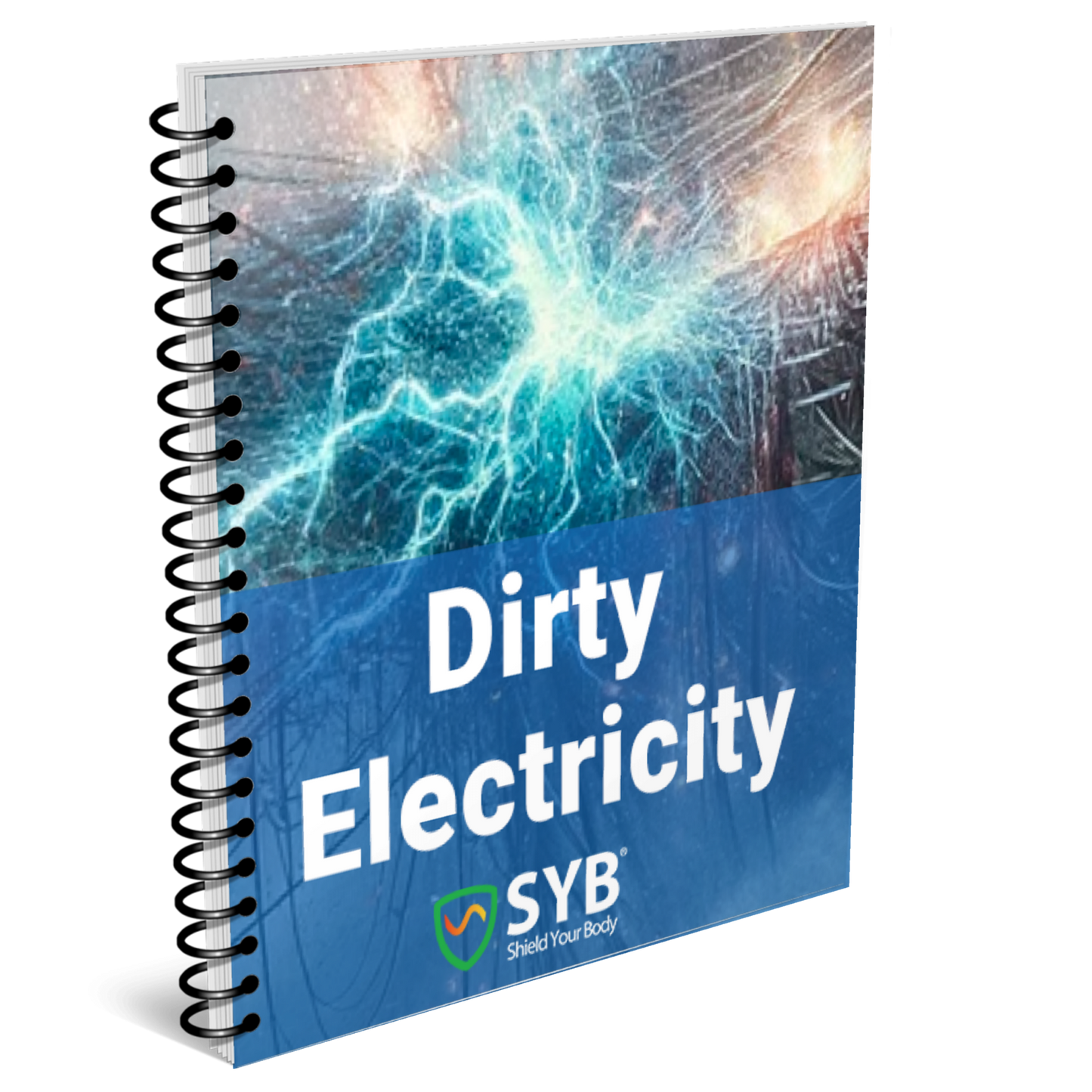 SYB 'Dirty Electricity' Ebook spiral-bound notebook cover featuring blue lightning bolt design against stormy background.
