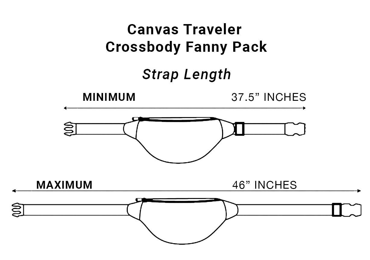 Canvas Traveler Crossbody Fanny Pack strap length diagram showing minimum 37.5 inches and maximum 46 inches adjustable strap specifications.