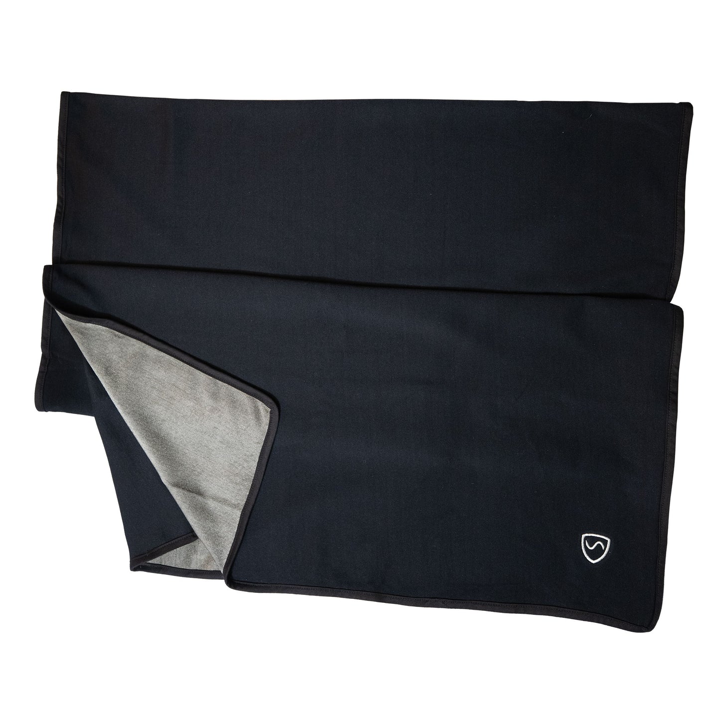 Black SYB Scarf partially folded, revealing gray lining underneath with branded shield logo visible on corner.