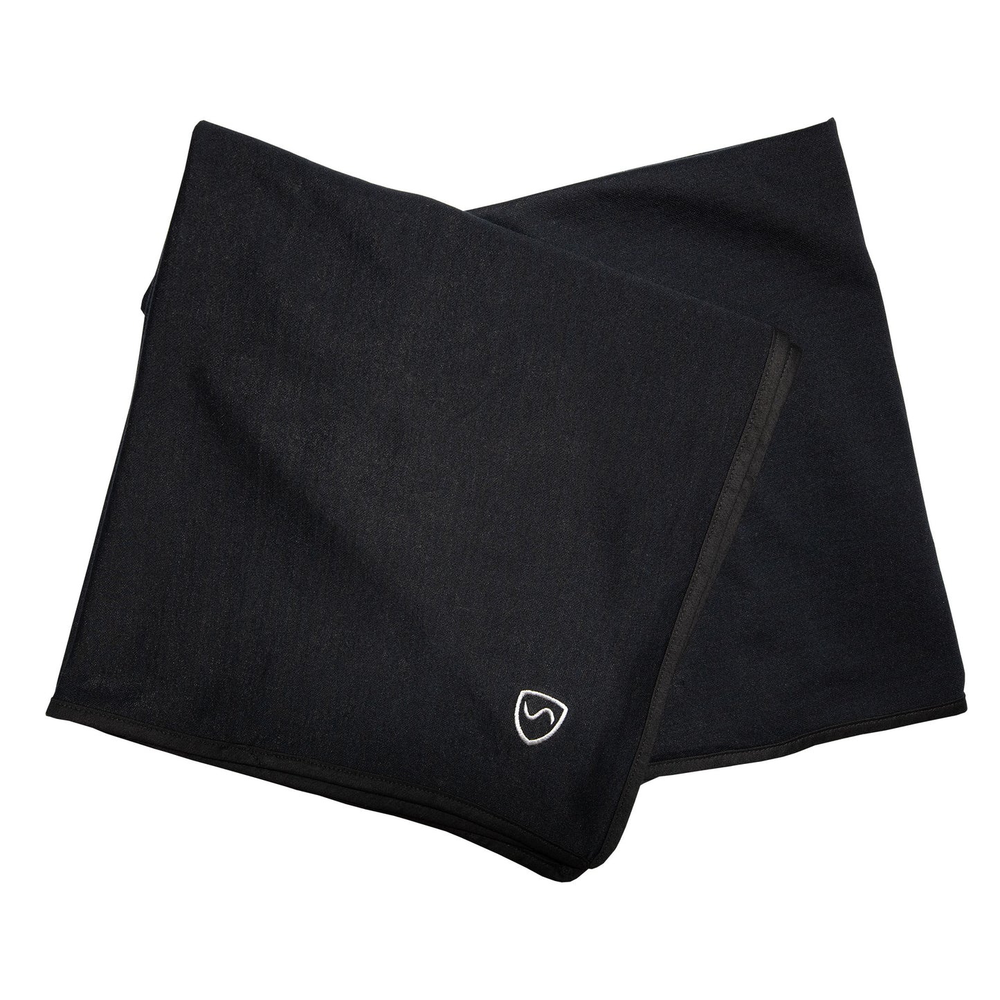 Black SYB Scarf folded and displayed flat against white background, showing fabric texture and small shield logo detail.