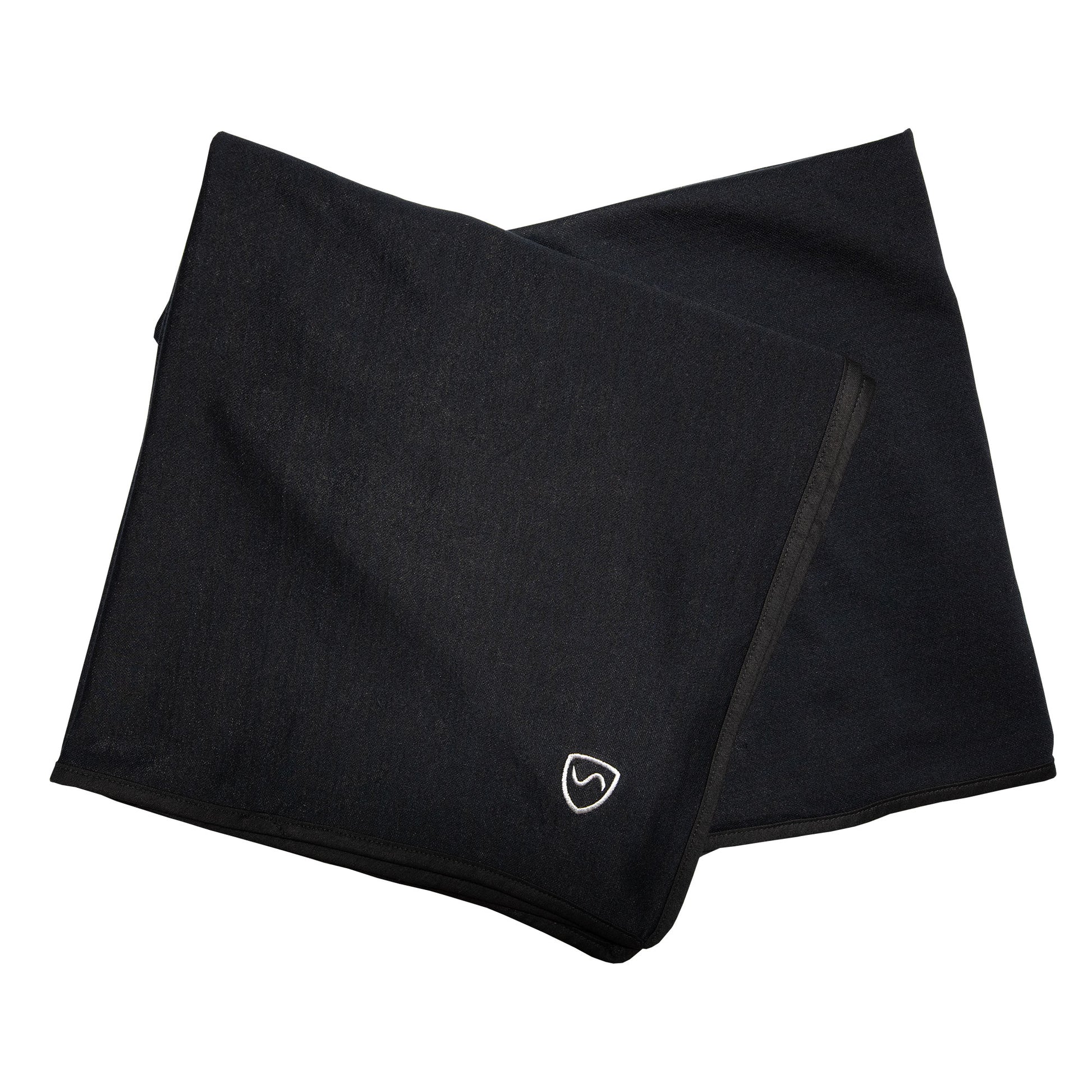Black SYB Scarf folded and displayed flat against white background, showing fabric texture and small shield logo detail.