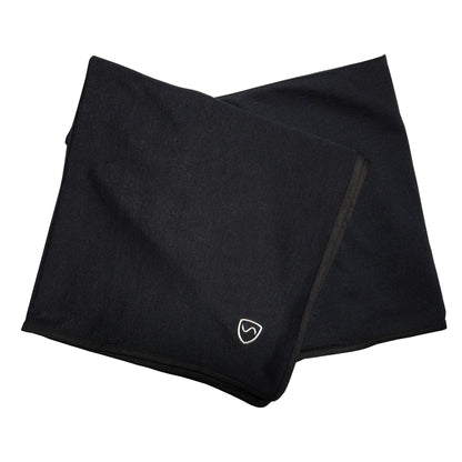 Black SYB Scarf folded and displayed flat against white background, showing fabric texture and small shield logo detail.