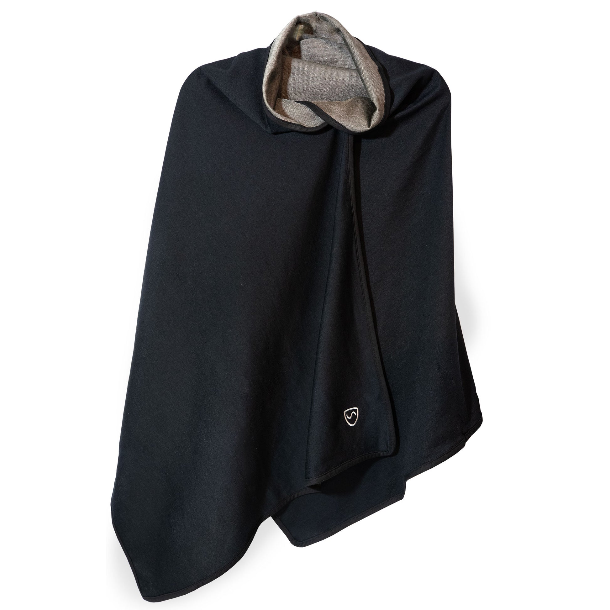 Black SYB Scarf displayed draped over a form, showing the gray interior lining and small heart logo detail.