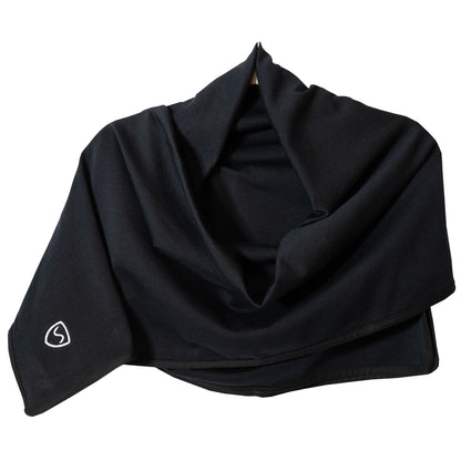 Black SYB Scarf draped and arranged to show fabric texture and draping quality, with small logo visible on corner.