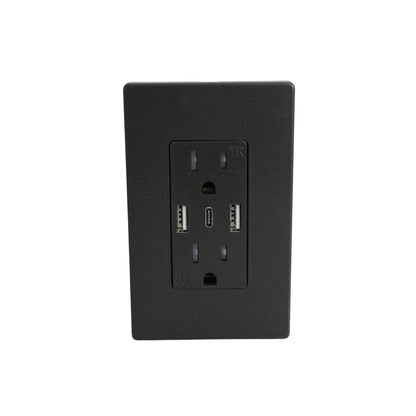 Black wall outlet and wall plate with two grounded AC receptacles, two USB-A ports and one USB-C port, on a white background.