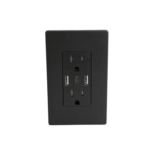 Black wall outlet and wall plate with two grounded AC receptacles, two USB-A ports and one USB-C port, on a white background.