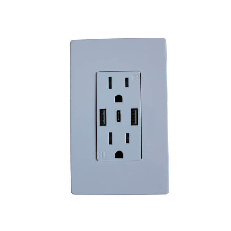 Light gray wall outlet and wall plate with two grounded AC receptacles, two USB-A ports and one USB-C port, on a white background.
