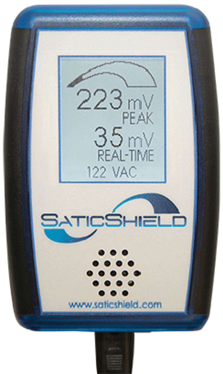 SatiShield meter displaying 223mV peak and 35mV real-time readings at 122 VAC voltage output.