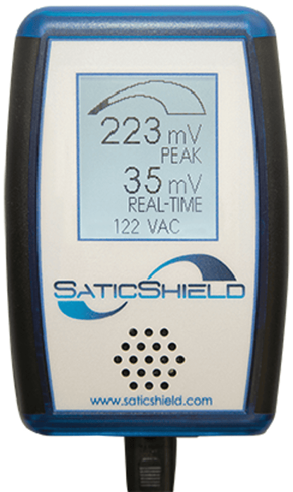 SatiShield meter displaying 223mV peak and 35mV real-time readings at 122 VAC voltage output.