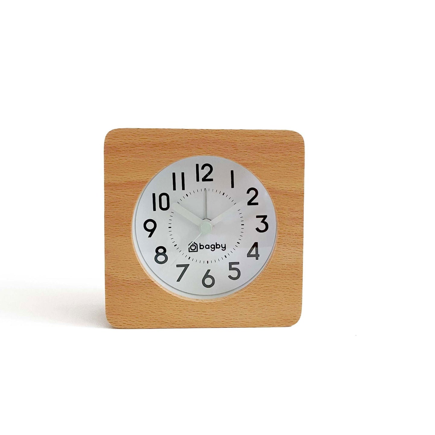 Beech wood Bagby FARMHOUSE alarm clock with a white analog dial, black numbers and the Bagby logo, shown at an angle on white.