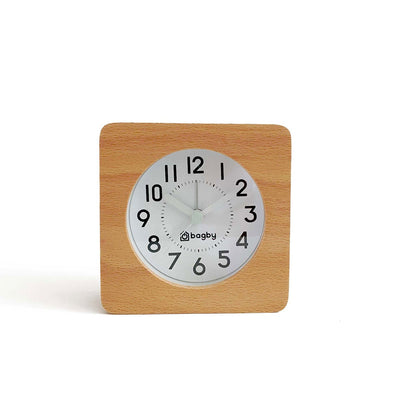 Beech wood Bagby FARMHOUSE alarm clock with a white analog dial, black numbers and the Bagby logo, shown at an angle on white.
