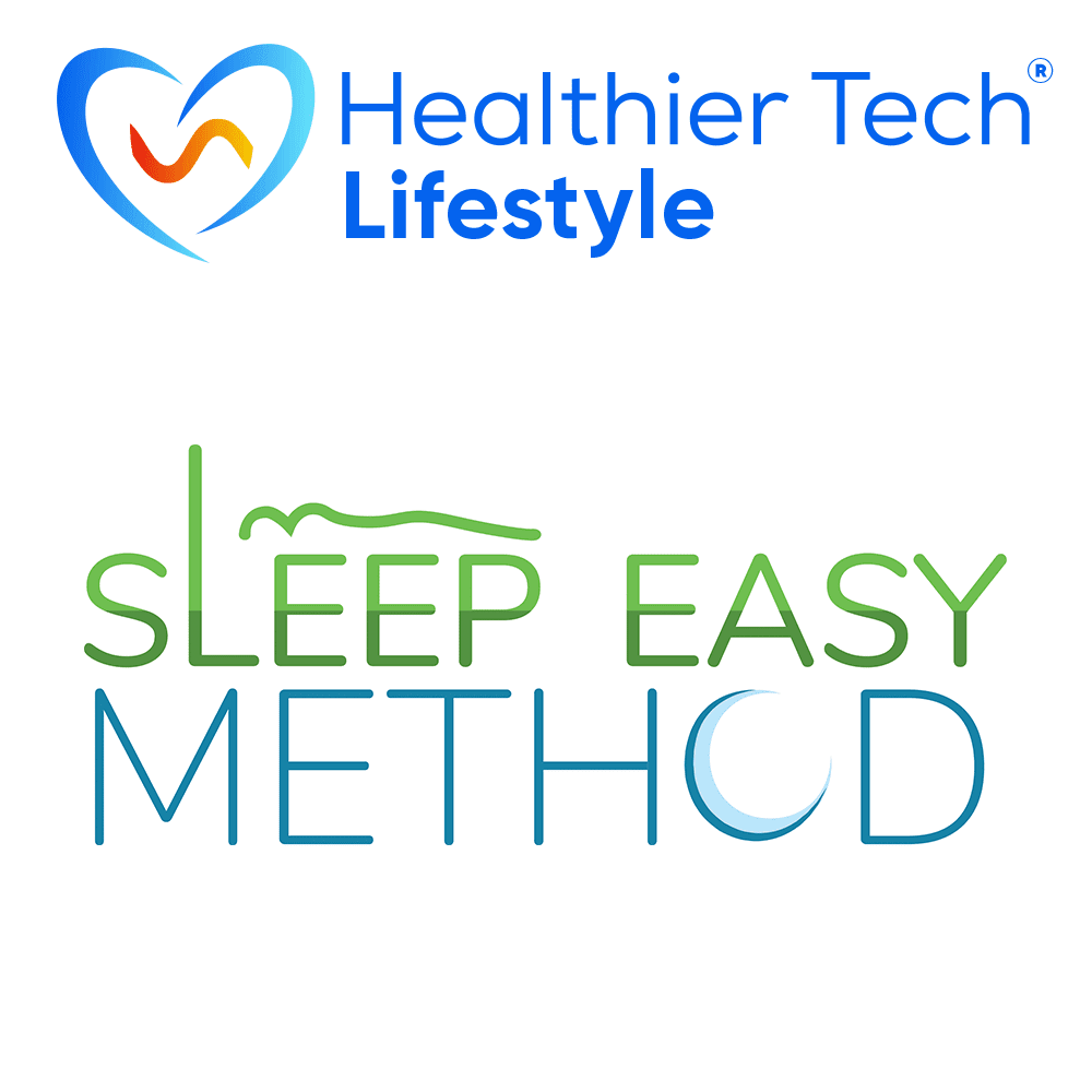 Healthier Tech Lifestyle logo above green and blue text reading "Sleep Easy Method" with a crescent moon icon.