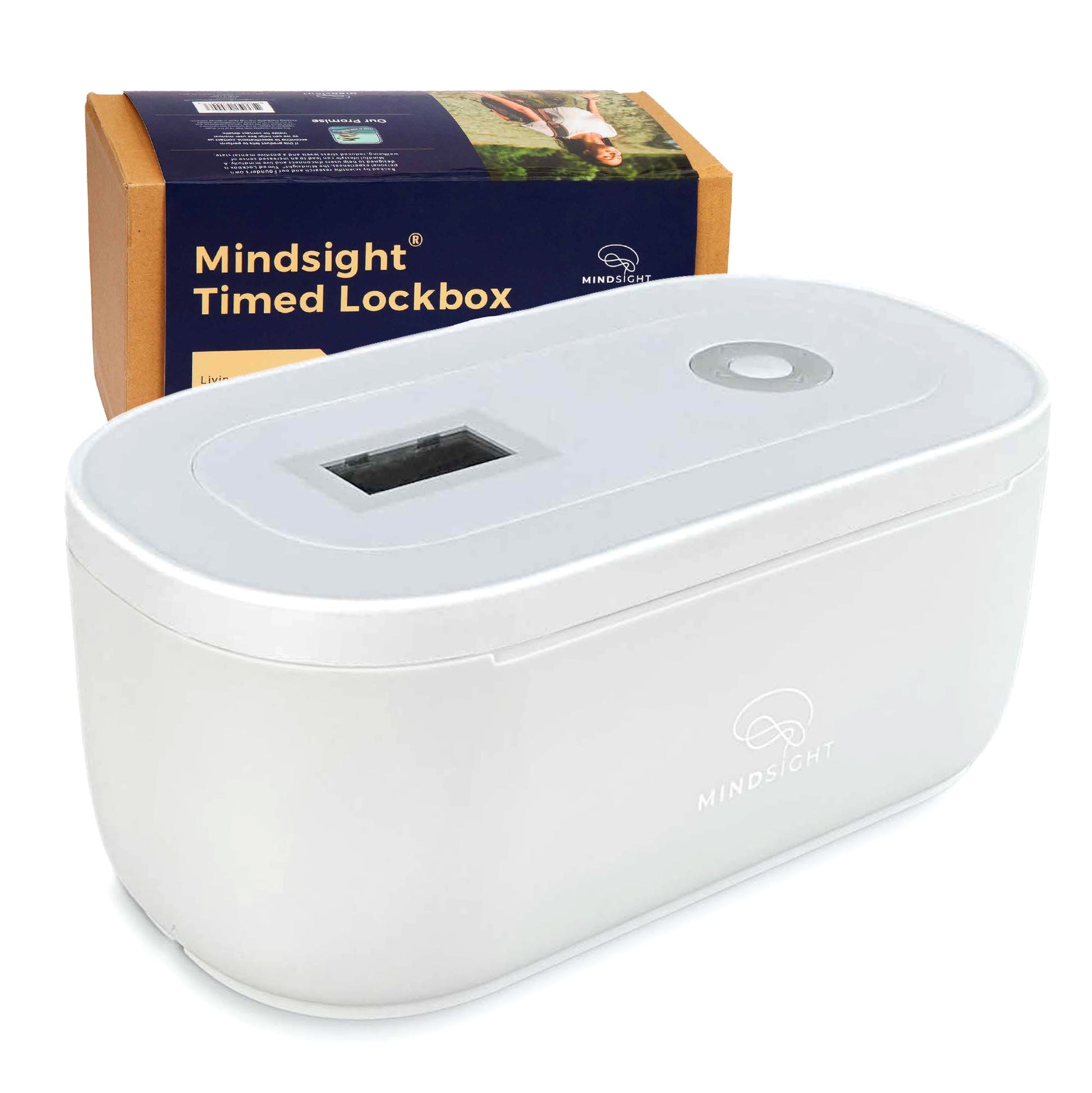 Mindsight Timed Lockbox displayed next to its packaging box, showing the white device's rounded rectangular shape and digital display panel.