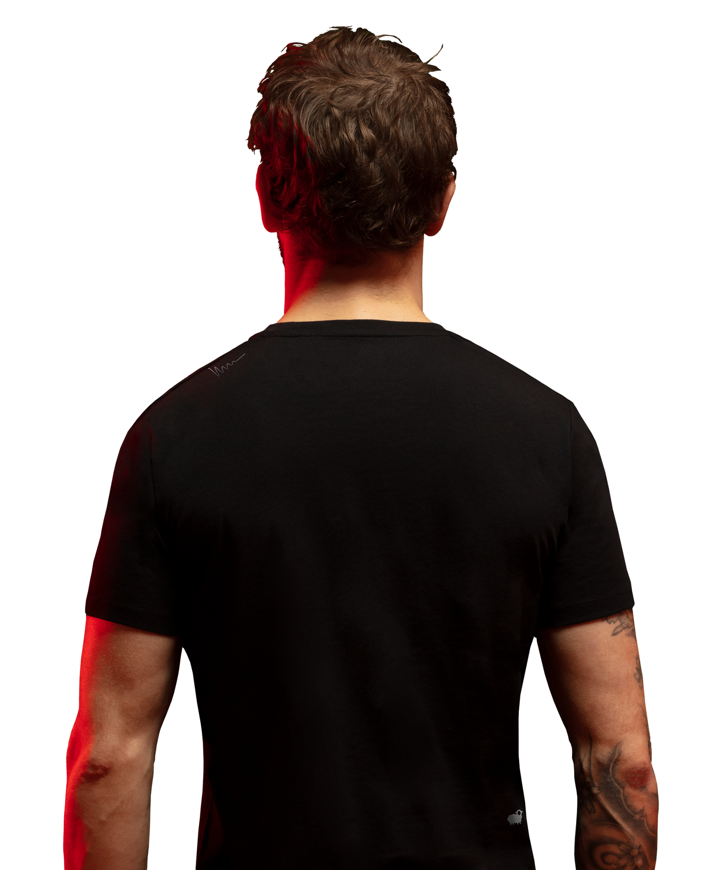 Back view of man wearing black HAVN WaveStopper™ T-Shirt 2.0 with red lighting effect on neck, arms, and torso against white background.