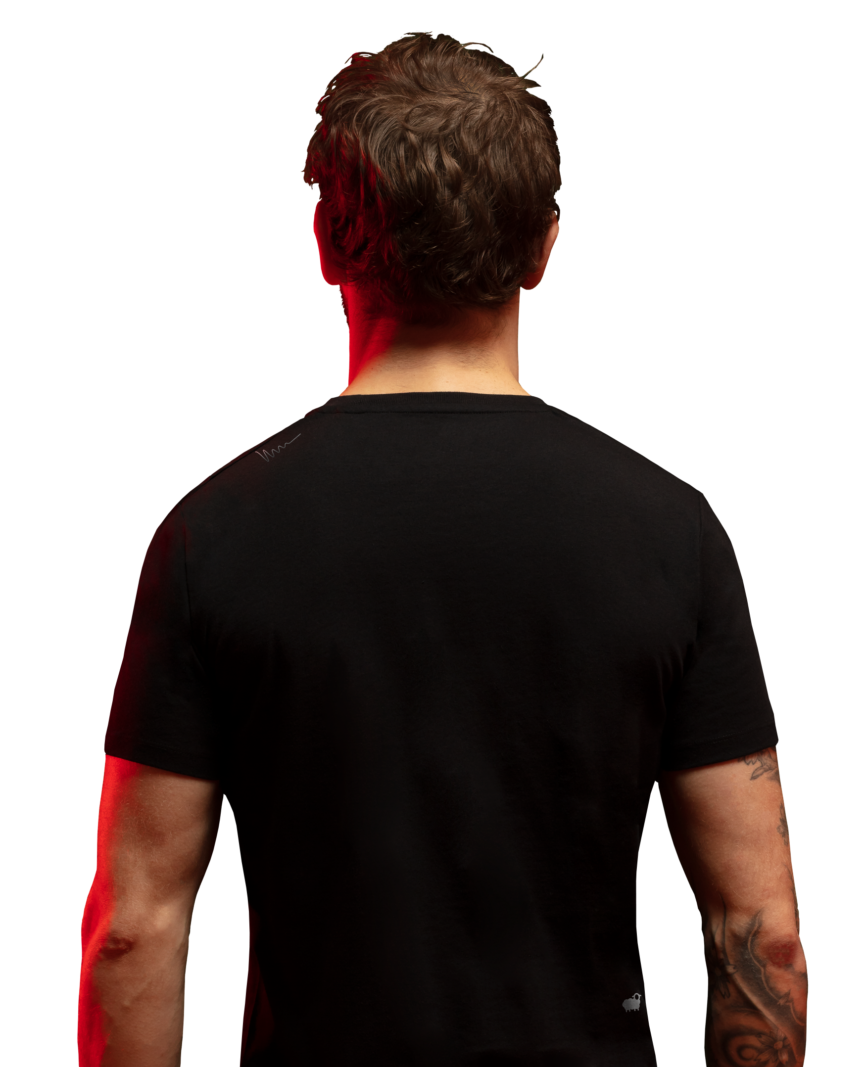 Back view of man wearing black HAVN WaveStopper™ T-Shirt 2.0 with red lighting effect on neck, arms, and torso against white background.