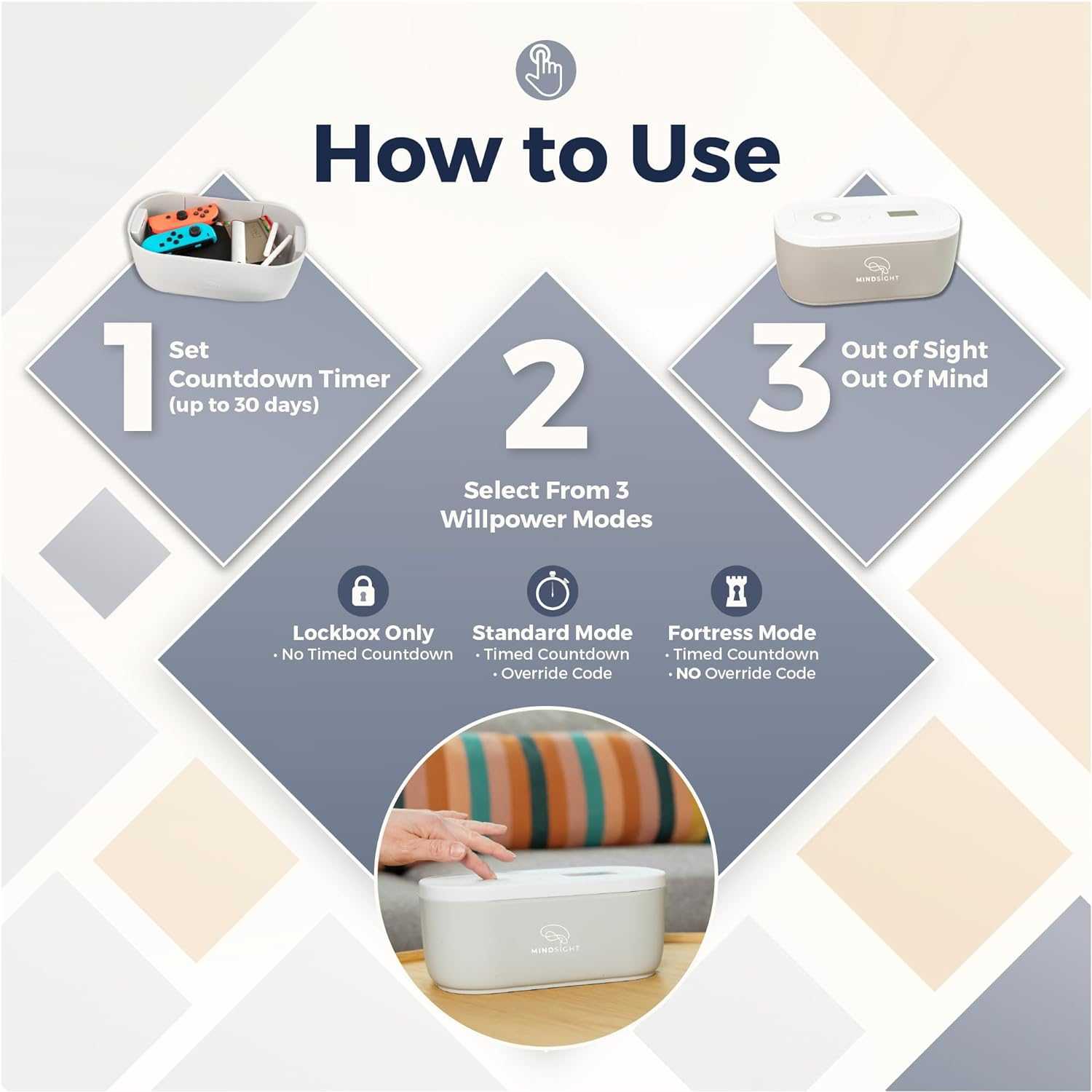 Mindsight Timed Lock Box instructions showing 3 steps: set countdown timer, select from 3 willpower modes, and keep out of sight.