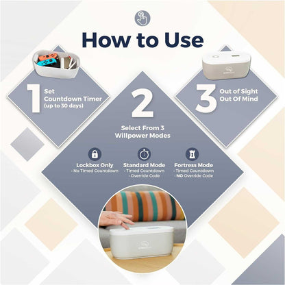 Mindsight Timed Lock Box instructions showing 3 steps: set countdown timer, select from 3 willpower modes, and keep out of sight.