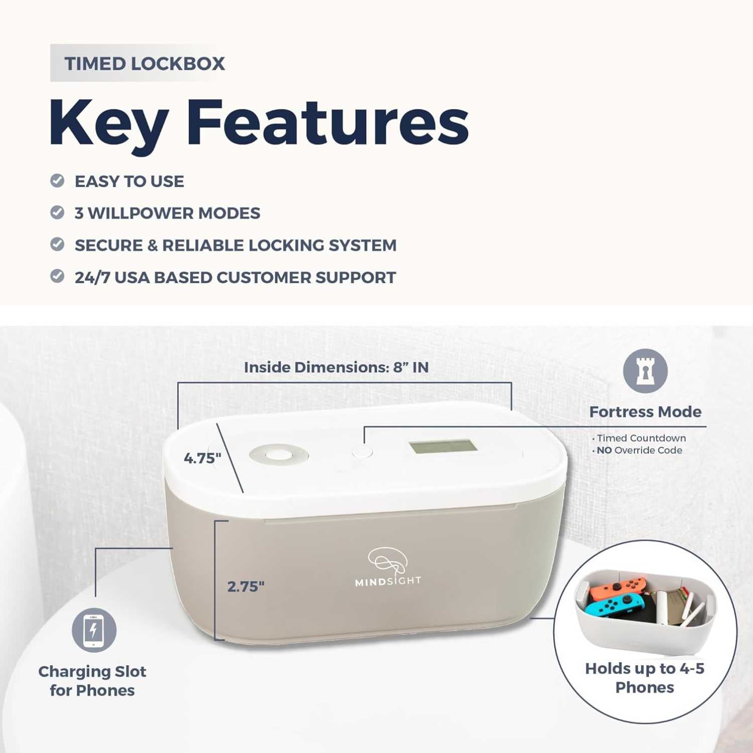 Mindsight Timed Lock Box displaying key features including dimensions, charging slot, Fortress Mode, and capacity to hold 4-5 phones.