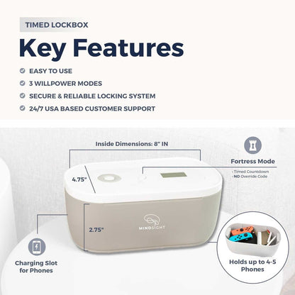 Mindsight Timed Lock Box displaying key features including dimensions, charging slot, Fortress Mode, and capacity to hold 4-5 phones.