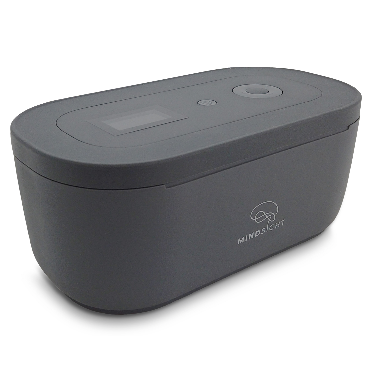 Mindsight Timed Lock Box in gray with rounded rectangular design, displaying control panel on top surface.