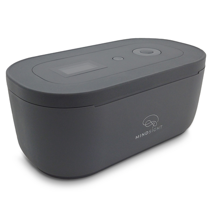 Mindsight Timed Lock Box in gray with rounded rectangular design, displaying control panel on top surface.