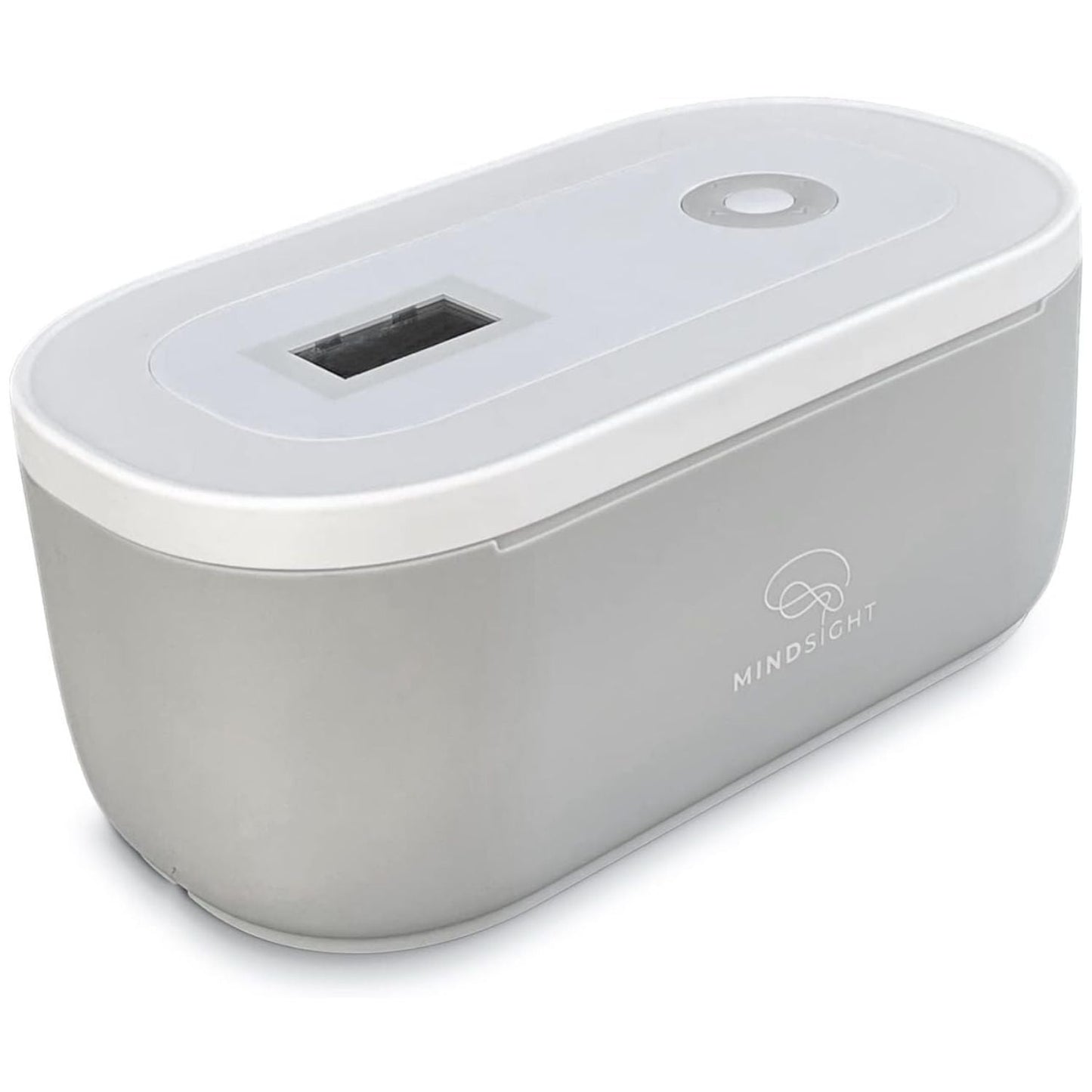 Mindsight Timed Lock Box in white with rounded rectangular design, featuring a rectangular slot on top and circular control dial.