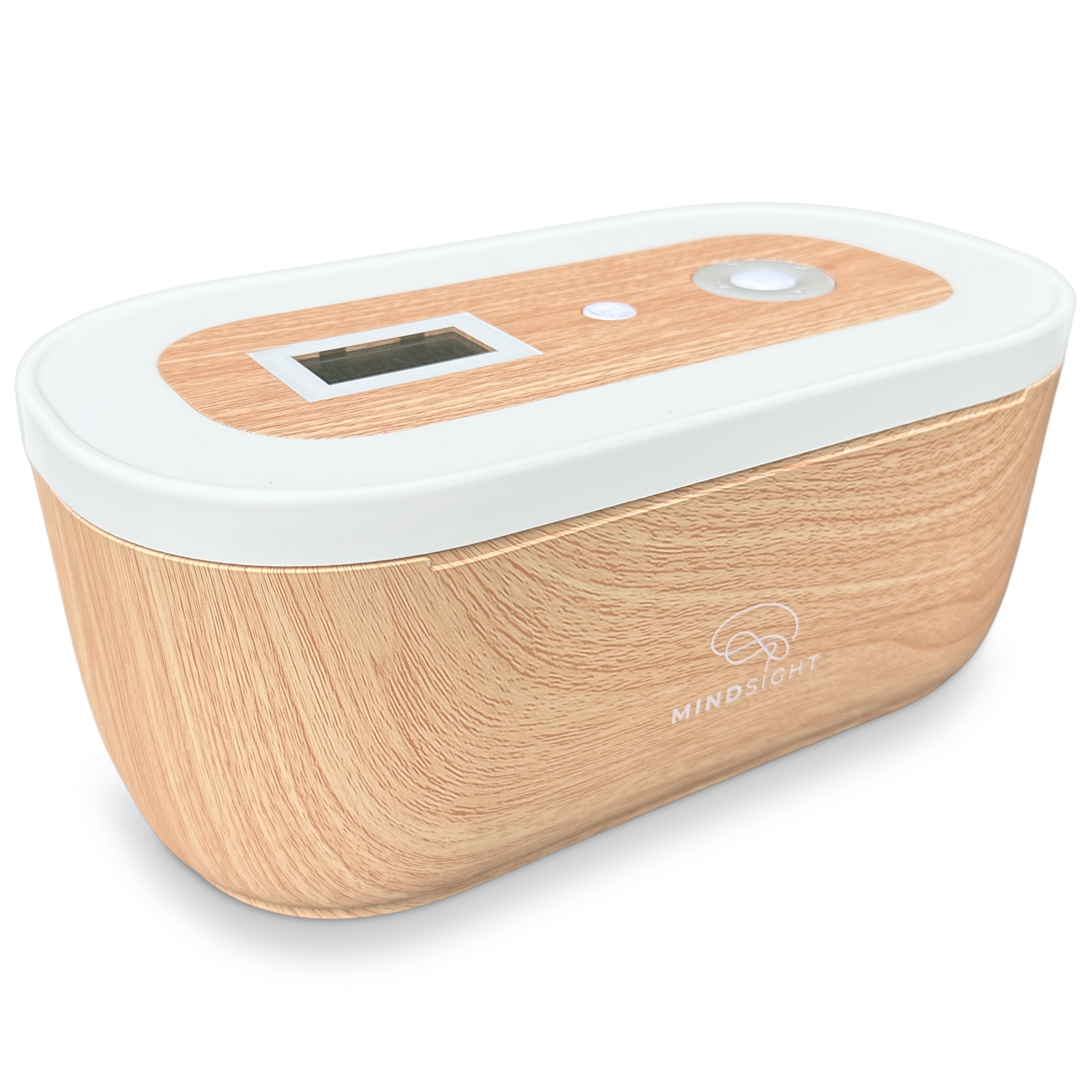 Mindsight Timed Lock Box with light wood finish and white top, featuring digital display and control buttons, shown at an angle.