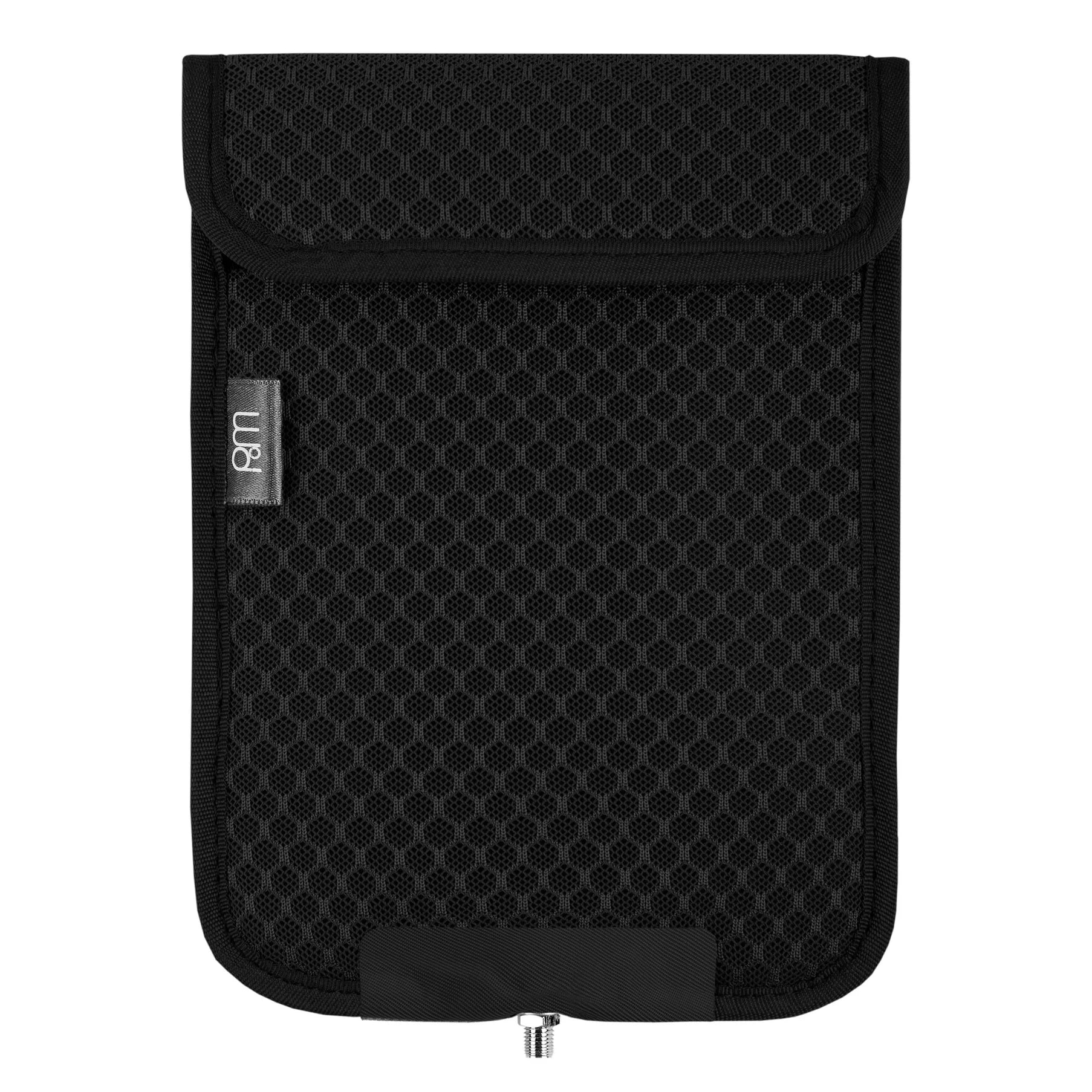 PoM Shield ECO Phone Faraday Cage black pouch with mesh fabric and flap closure, front view.