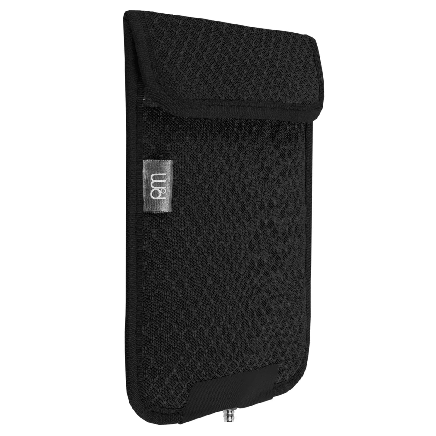 PoM Shield ECO Phone Faraday Cage black protective pouch with mesh fabric and branded label, angled side view.