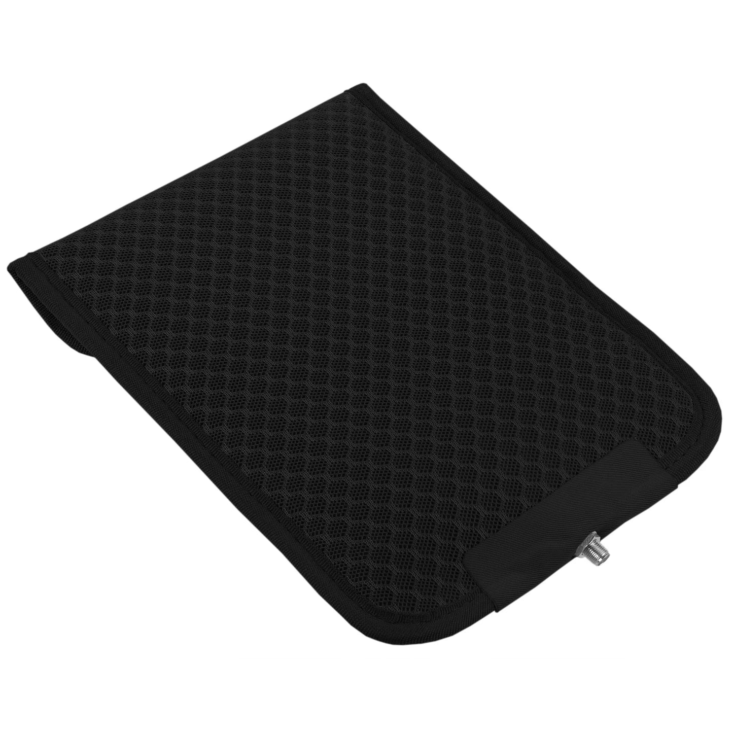 Black mesh PoM Shield ECO Phone Faraday Cage pouch displayed at an angle on white background.