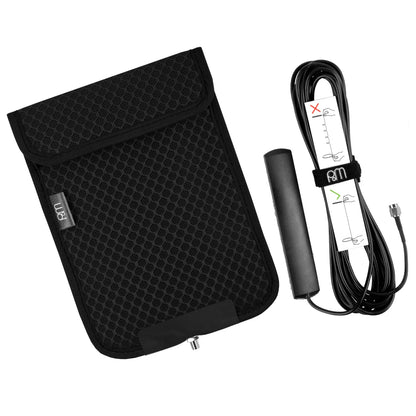 PoM Shield ECO Faraday cage with black mesh pouch, coiled cable with velcro strap, and foam roller accessory displayed flat.