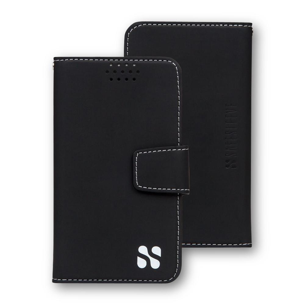 Black SafeSleeve Universal Cell Phone Case with white stitching and logo, shown front and back views with magnetic closure flap.