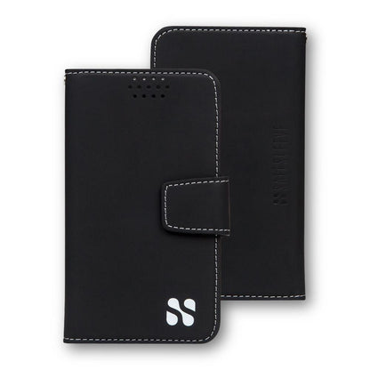 Black SafeSleeve Universal Cell Phone Case with white stitching and logo, shown front and back views with magnetic closure flap.