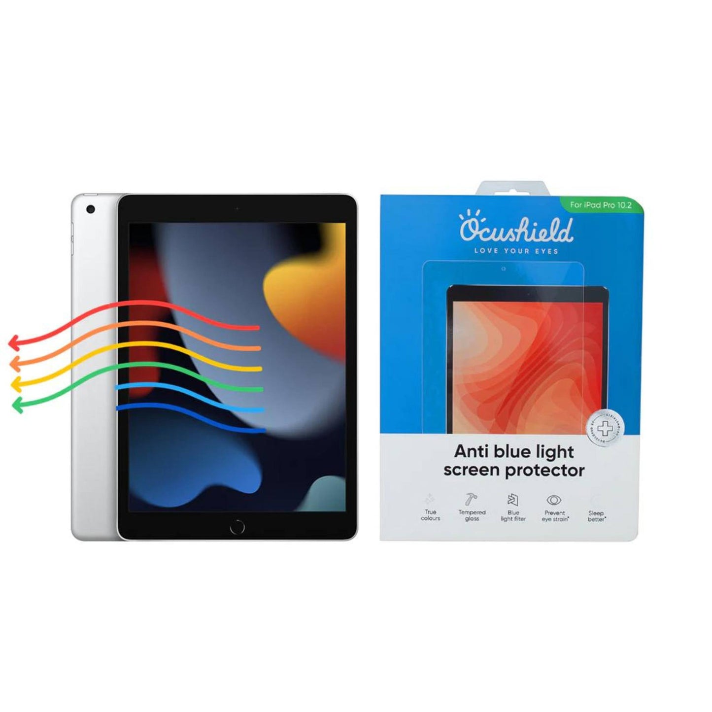 Ocushield Blue Light Screen Protector for iPad Pro 10.2 displayed next to tablet showing colorful light wave graphic.
