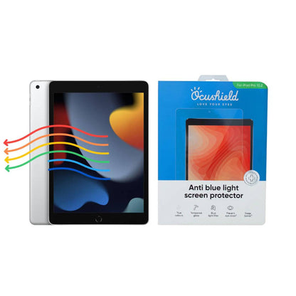 Ocushield Blue Light Screen Protector for iPad Pro 10.2 displayed next to tablet showing colorful light wave graphic.