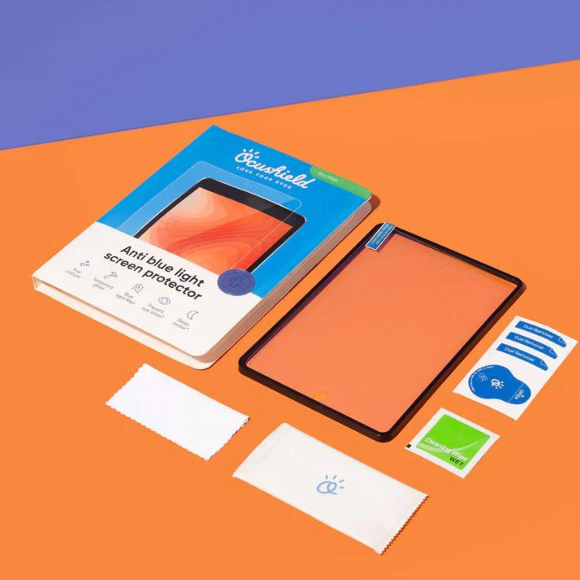 Ocushield Blue Light Screen Protector packaging and contents displayed flat on orange background, showing box, protective film, application cloths, and instruction cards.