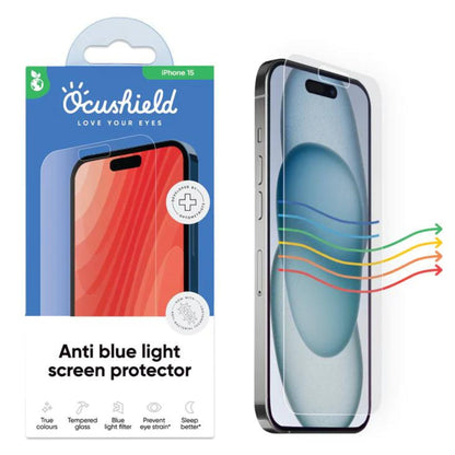 Ocushield anti-blue light screen protector packaging for iPhone 15 with product visualization showing blue light filtering technology on device display.